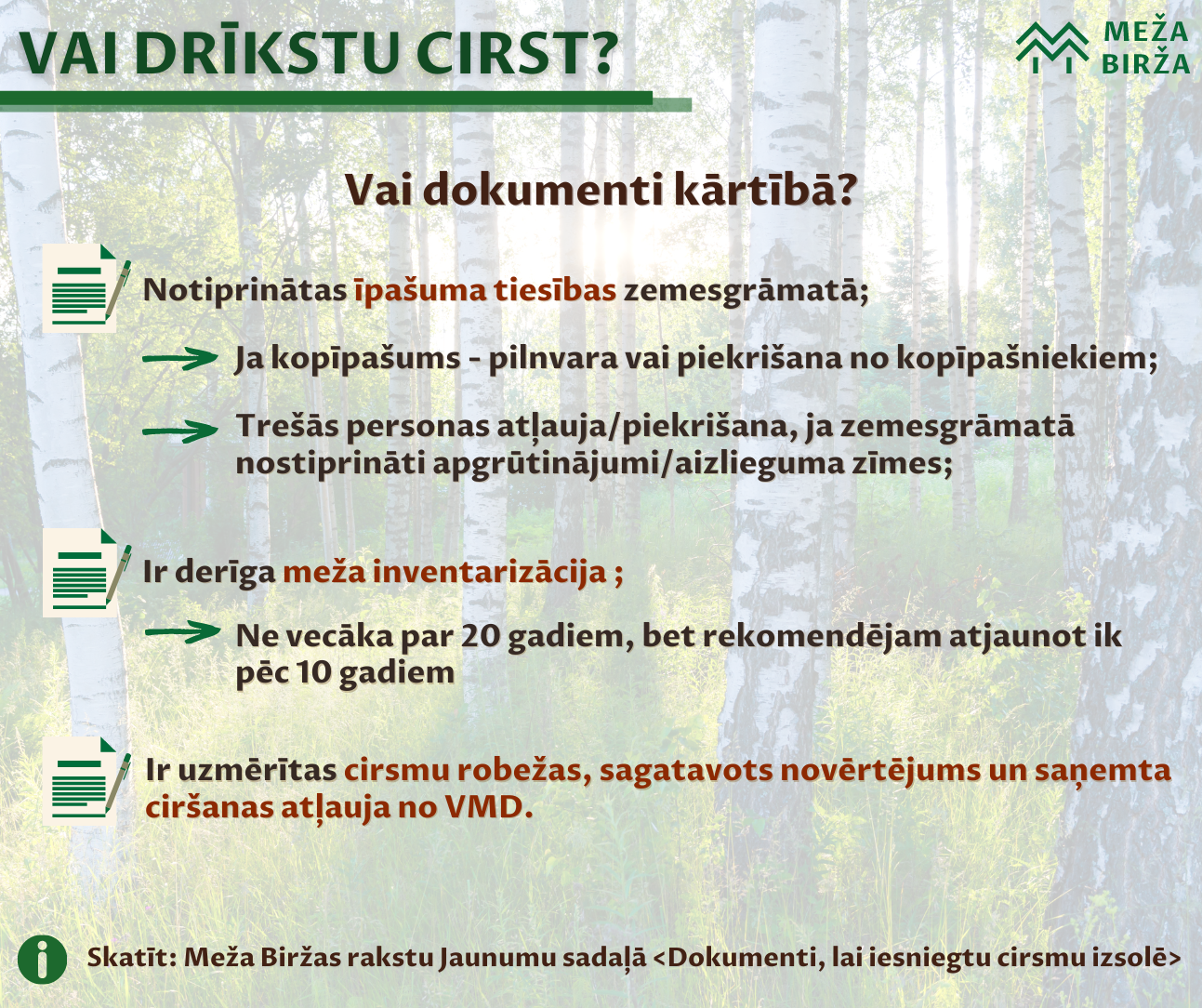 Cirsmas pārdošana un vajadzīgie dokumenti: atļauja koku ciršanai, inventarizācija, īpašuma tiesības uz mežu 